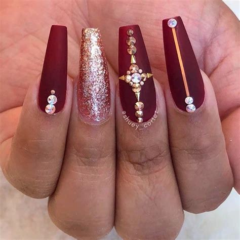 burgundy and gold nails|burgundy nails with rhinestones.